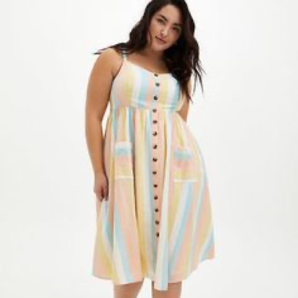 🍭 Torrid size 00 Midi Linen Button Front Striped Smocked Sundress